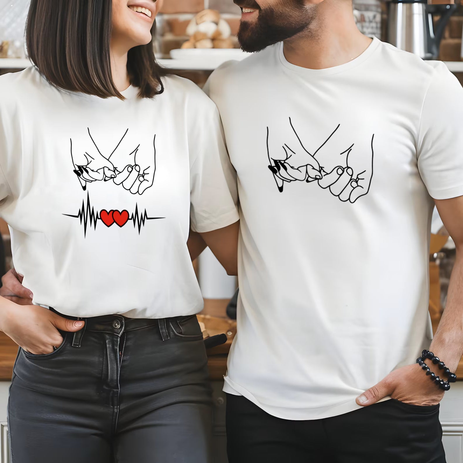 couple t-shirt combo featuring a dynamic HEART BEAT WITH JOINT FINGERS SKU-CP4