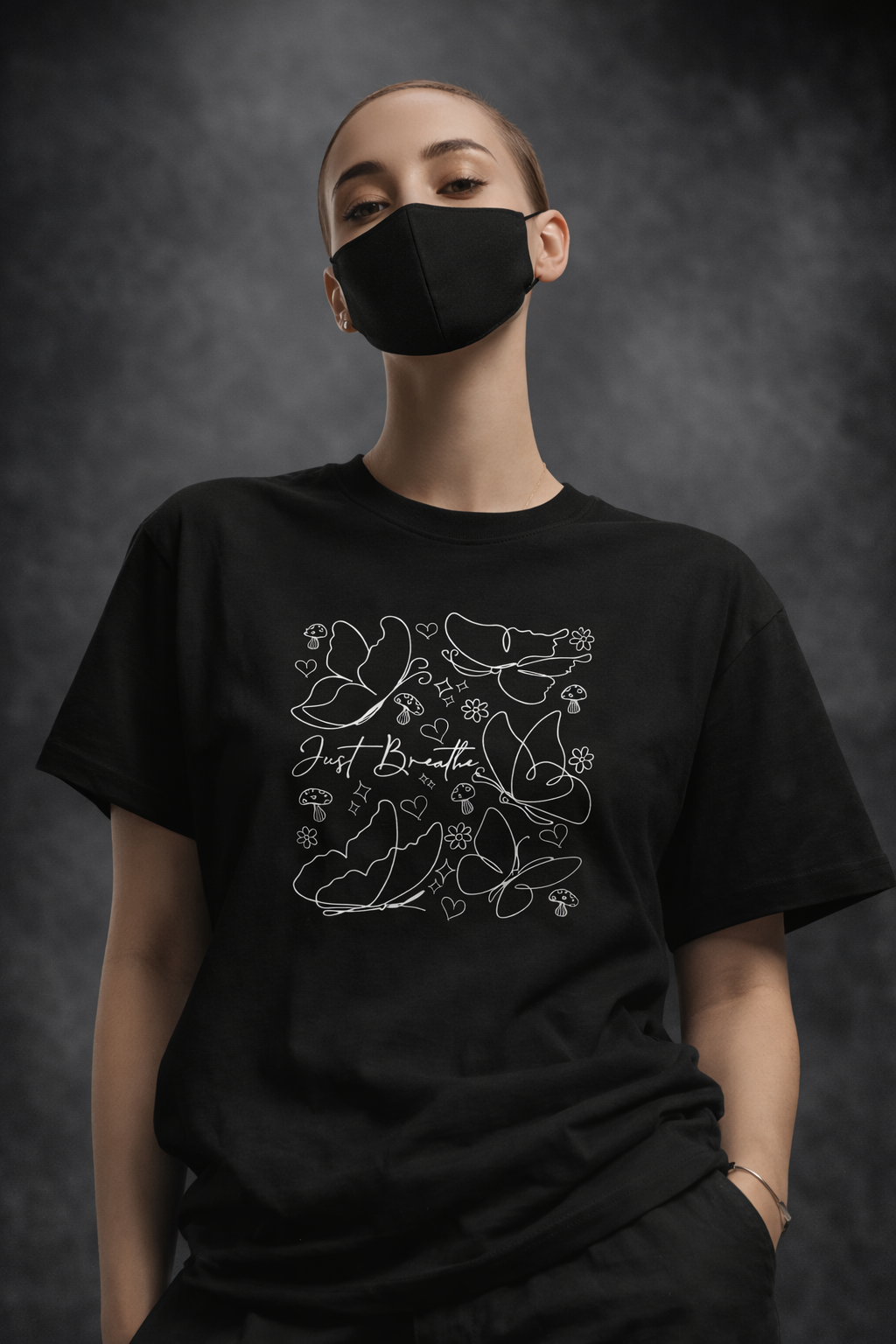 JUST BREATHE WHITE PRINTED ON BLACK Tee SKU-G109