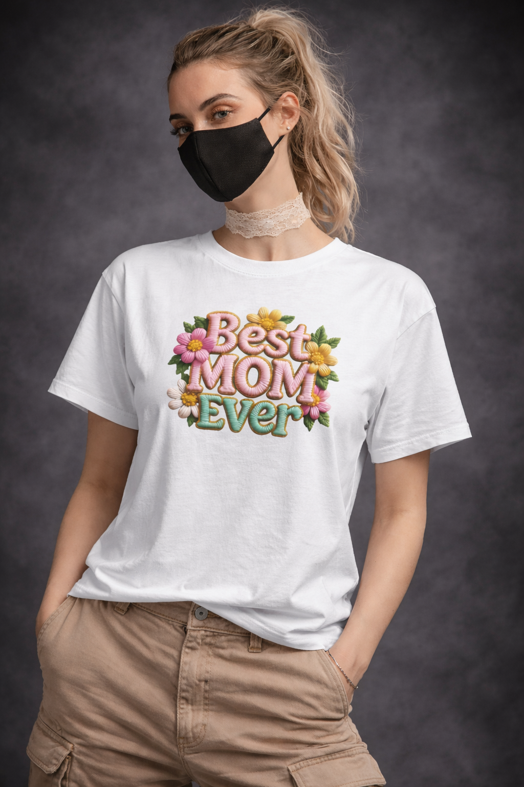 BEST MOM EVER PRINTED WITH EMBROIDERY EFFECT Tee SKU-G113