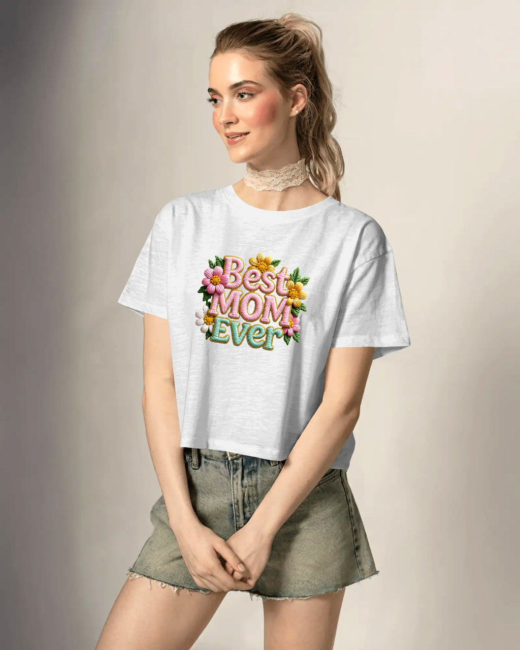 BEST MOM EVER PRINTED WITH EMBROIDERY EFFECT Tee SKU-G113